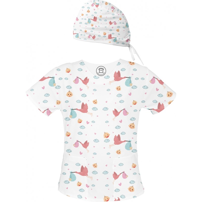 Bambino Set bluza + czepek -Kolorowe bluzy medyczne we wzorki Położna| SALUS-MED | Położnictwo